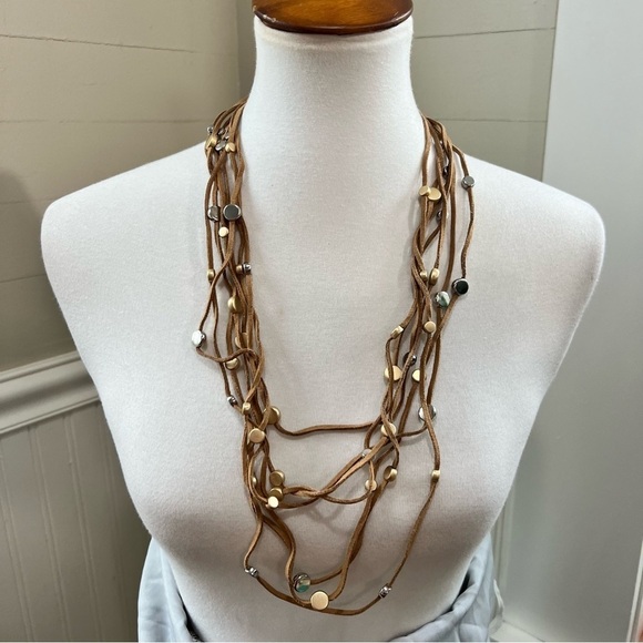 Boho Leather? with metallic beads - long multi strand necklace - Picture 1 of 4